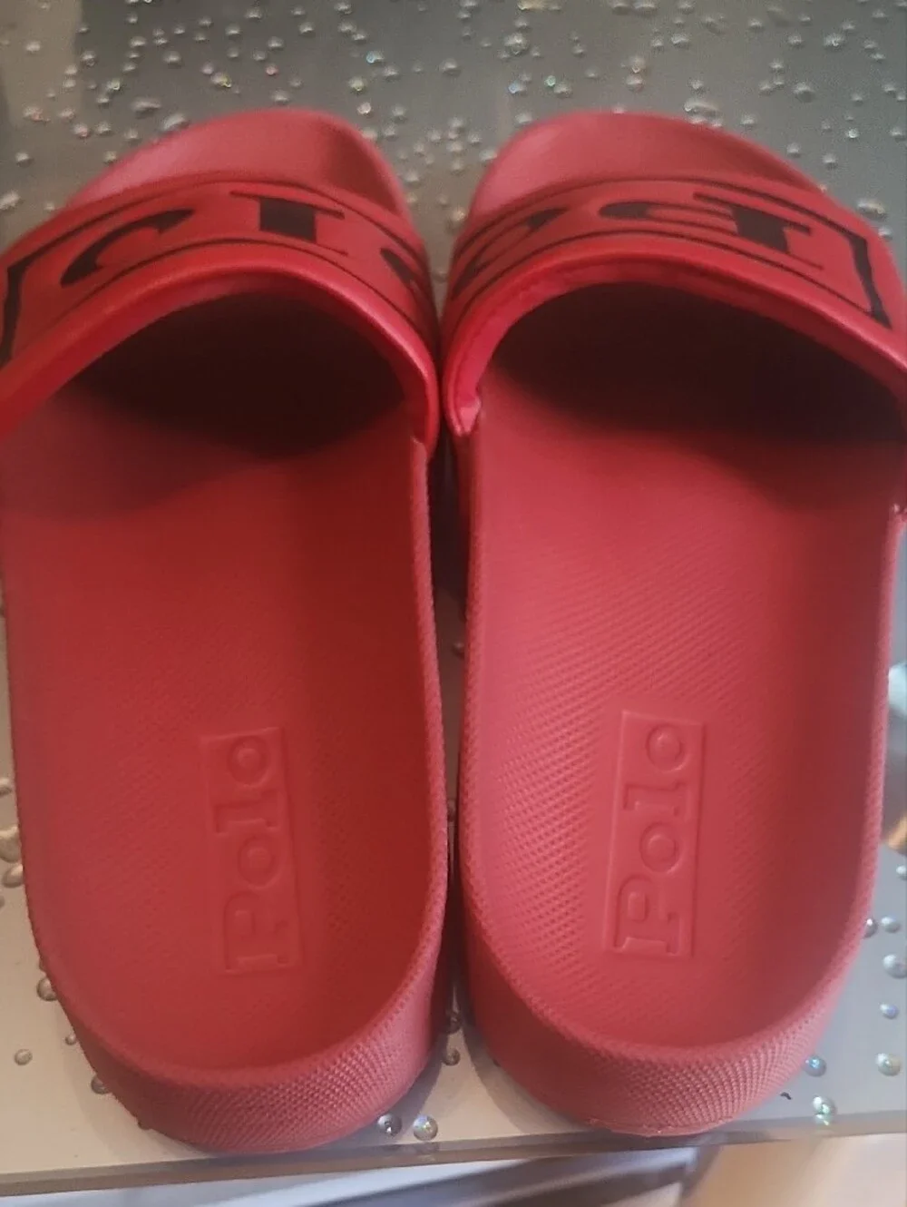 Polo by Ralph Lauren Red Slip-On Sandals with Black Logo Detail